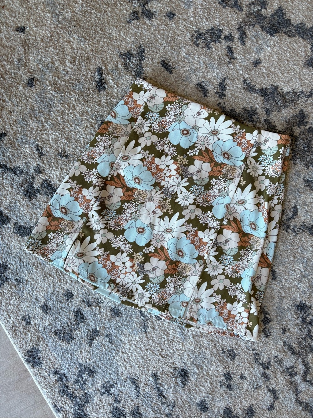 Altar’d State Olive Floral Mini Skirt with Light Blue & Cream Blooms